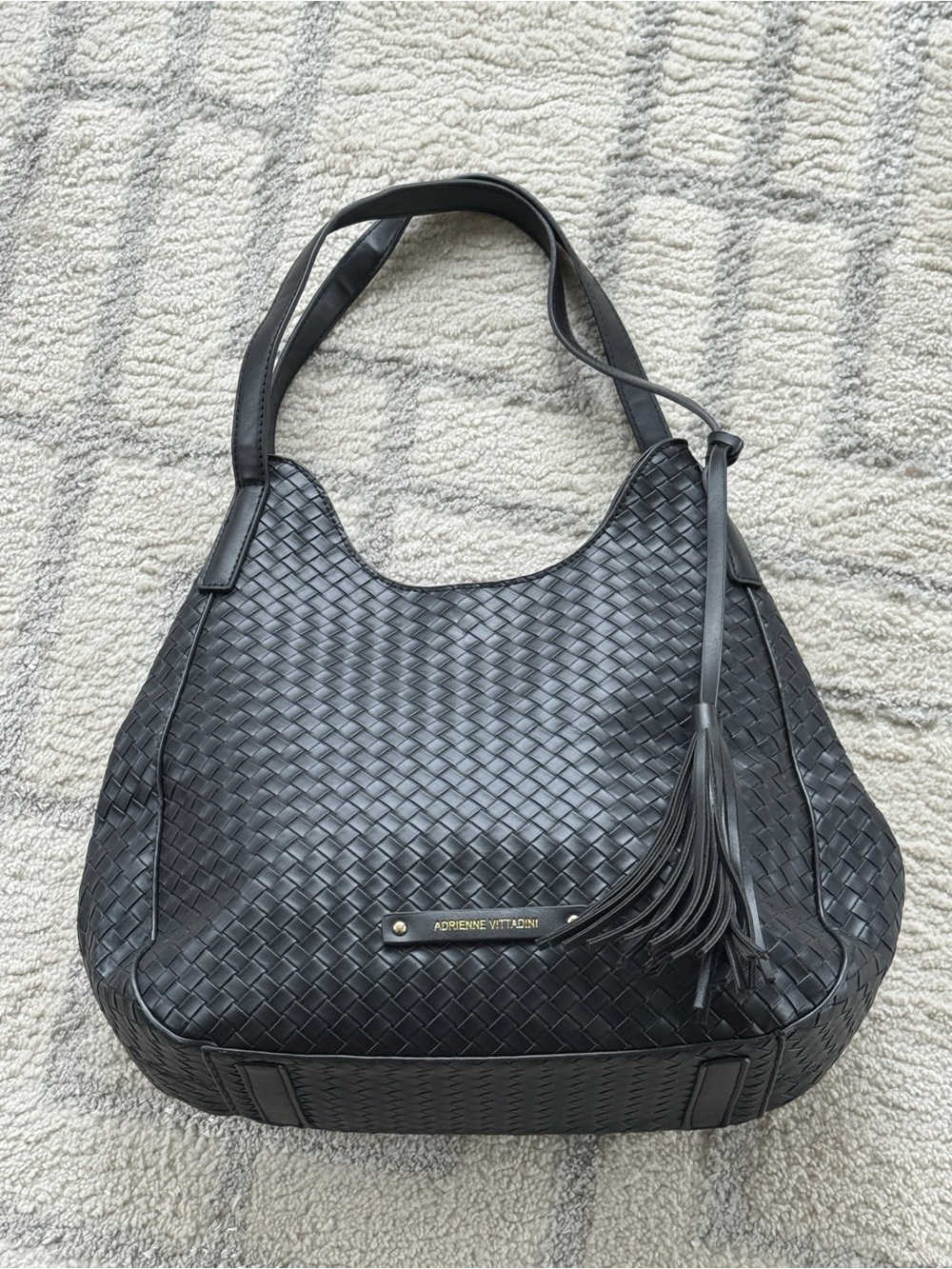 Adrienne Vittadini 3 section black faux basket weave  leather  shoulder bag
